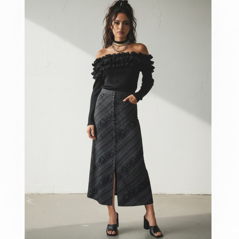 VTG 90s Z.Z. Town Maxi Skirt Black Floral Damask Grunge Y2K Whimsigoth SzM